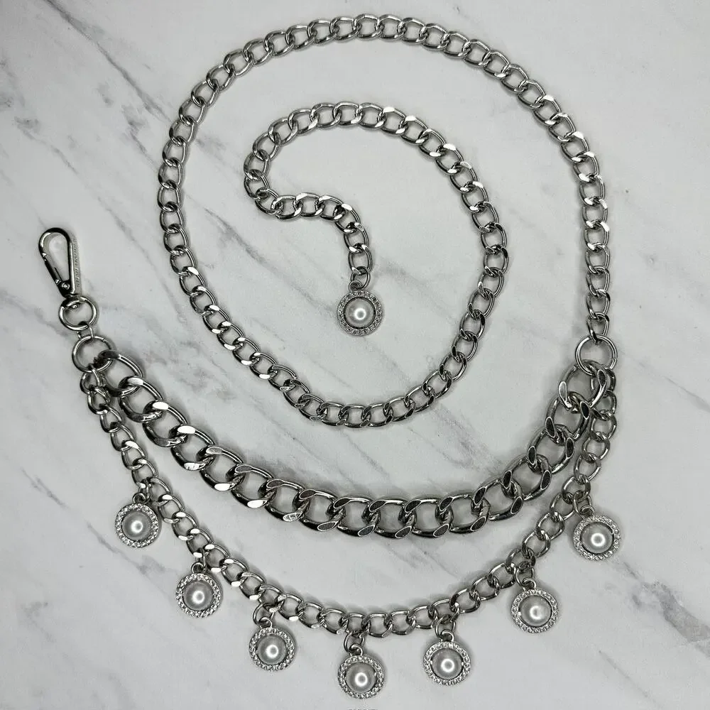 Steve Madden Rhinestone Faux Pearl Chain Belt OS ✨